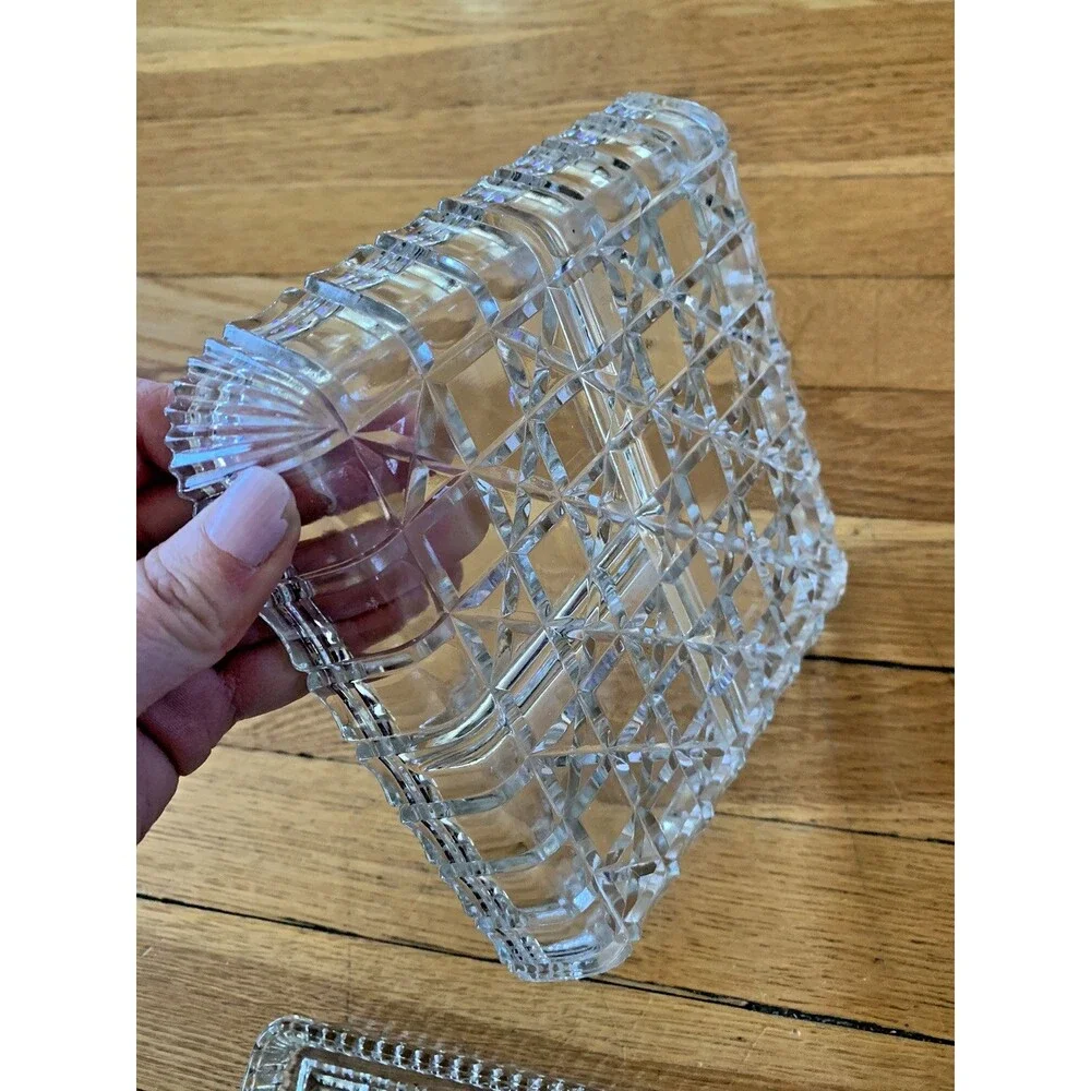 VTG Cut Glass Snack Sandwitch Trays Bohemian Large Heavy Solid (Set Of 2)